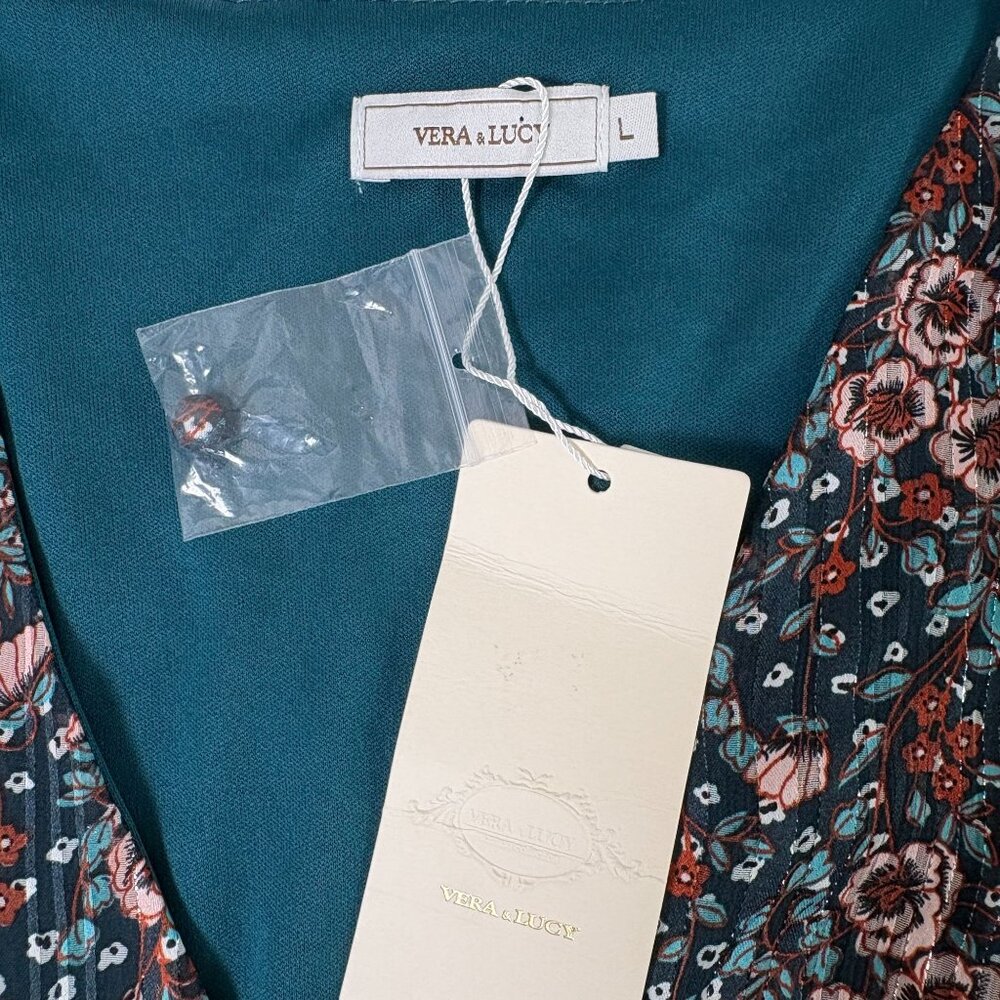 Vera & Lucy Midi Dress Womens L Blue Brown Floral V Neck Boho Gypsy NWT - Picture 4 of 12